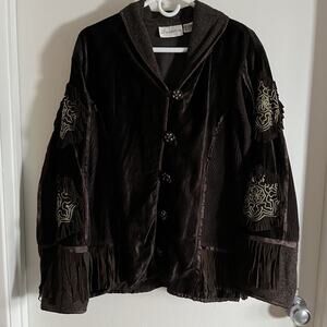 VTG Gantos Jacket Southwest Boho Aztec Size L Brown Velvet corduroy Suede Tassel